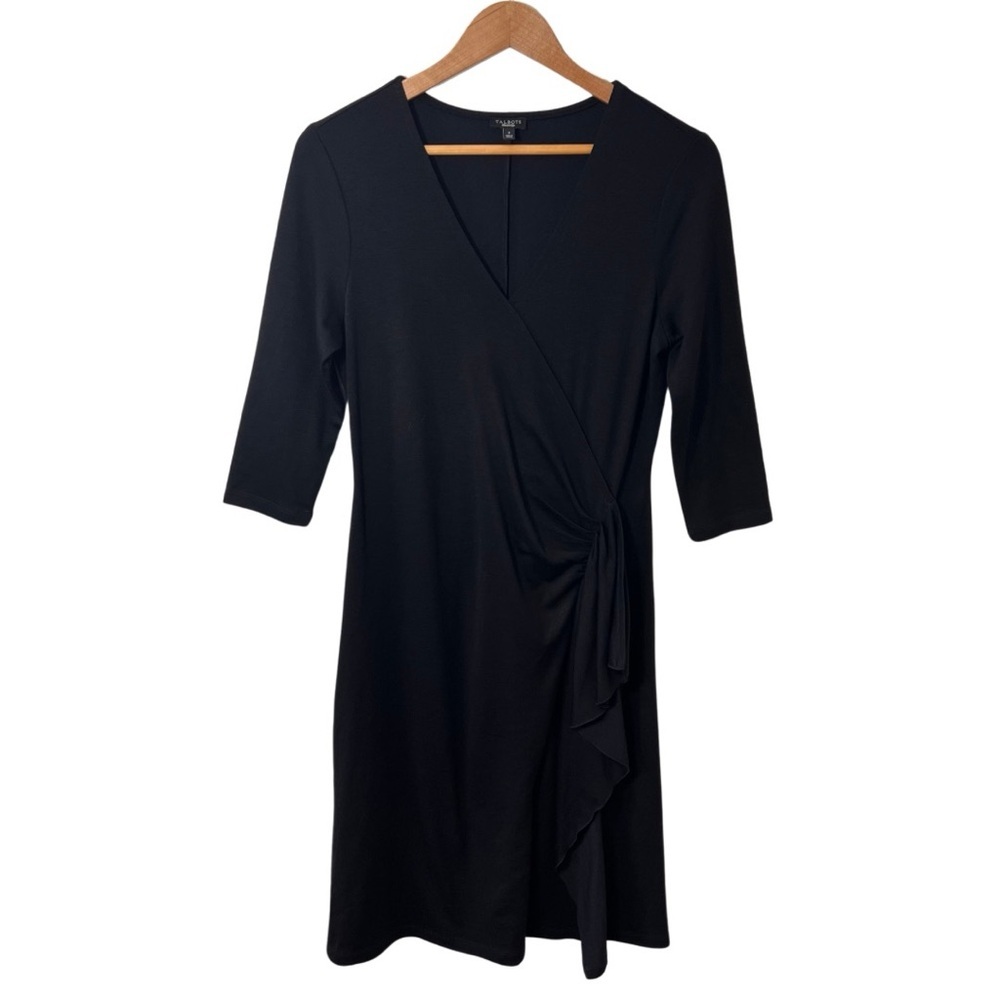 Talbots Black Wool Blend Dress Size 6 Faux Wrap Knee Length
